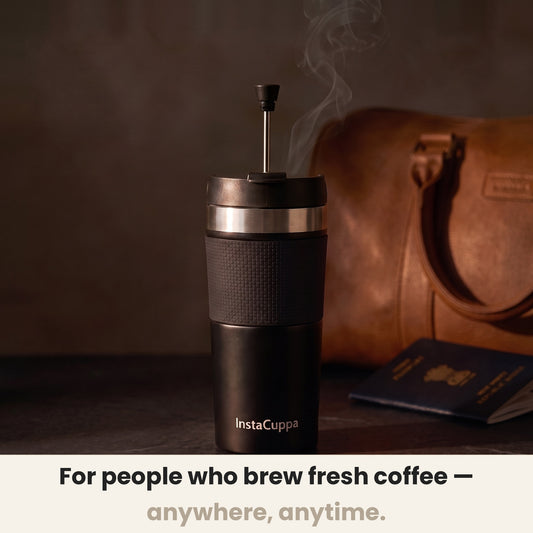 French Press Travel Mug by InstaCuppa for people who brew fresh coffee anywhere beside a leather weekender #color-black