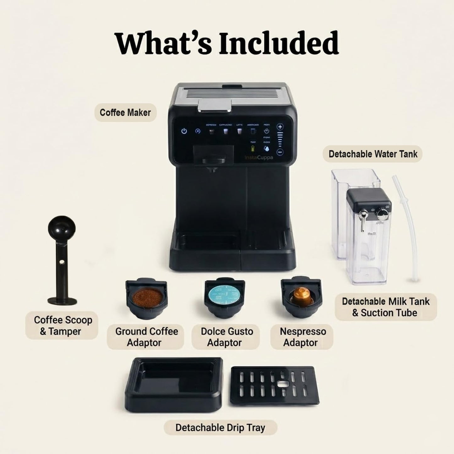 InstaCuppa Espresso Coffee Maker with Built-In Milk Frother - Nespresso Original, Dolce Gusto and Ground Coffee Compatible, One-Touch 4 Cafe-Style Drinks, Adjustable Volume Control