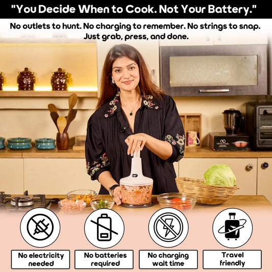 InstaCuppa manual vegetable chopper no electricity needed - no batteries, no charging, no strings, travel friendly kitchen tool for busy moms