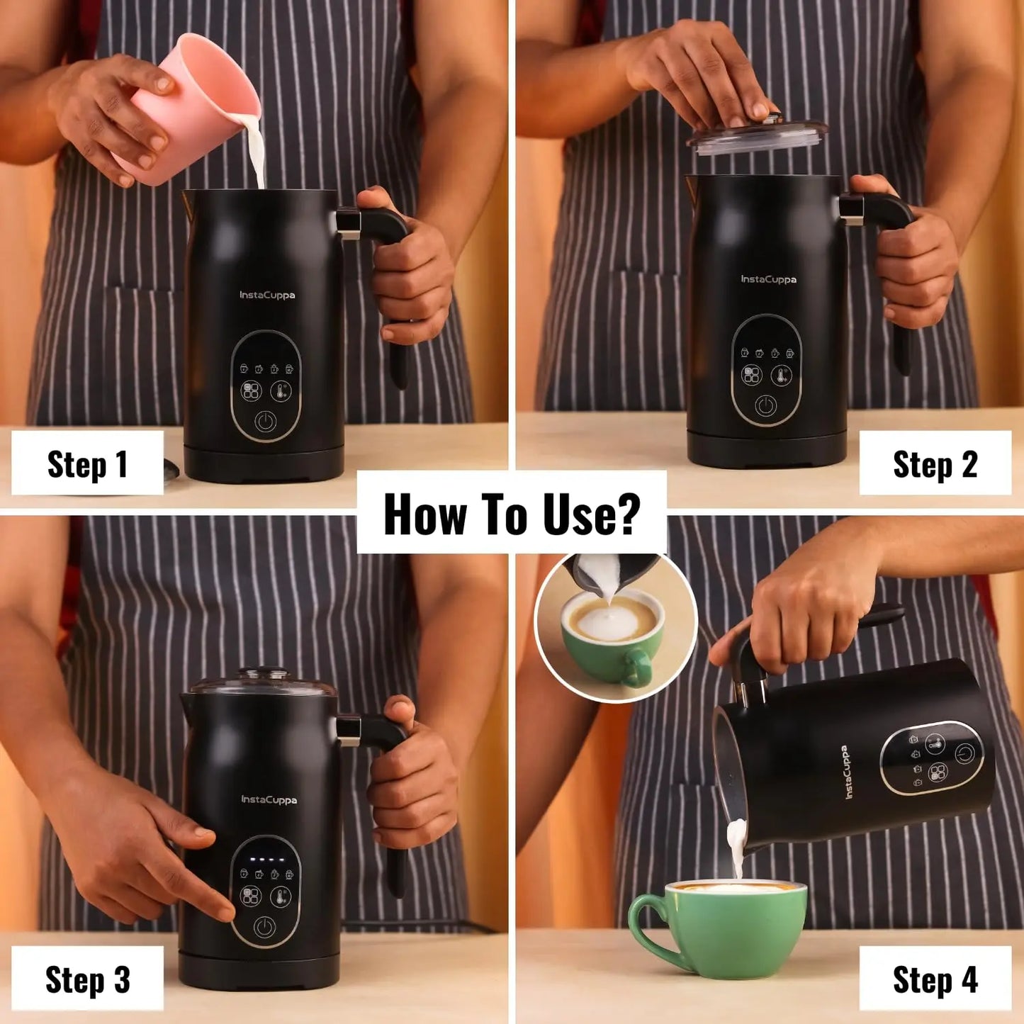 InstaCuppa 4-in-1 Electric Milk Frother with Smart Temperature Control - Touch Panel - Versatile Hot & Cold Foam Maker and Milk Warmer, Ideal for Lattes, Cappuccinos, Hot Chocolate - 500 Watts Black