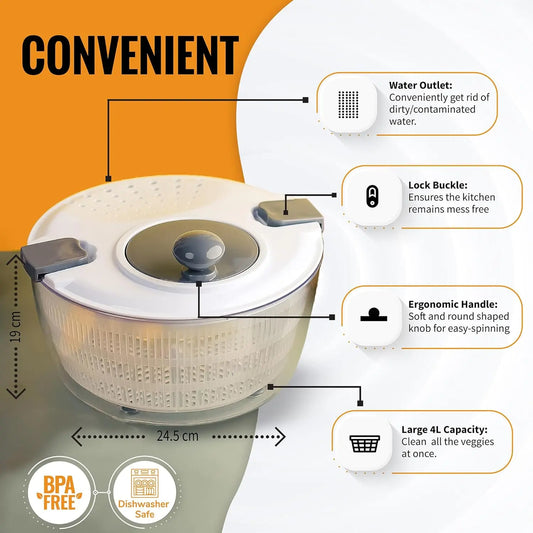 InstaCuppa 4L Salad Spinner and Dryer, BPA-Free, Multi-Function Pasta Bowl and Strainer for Kitchen, Includes Stainless Steel Vegetable Slicer, Carrot Grater & Shredder, Easy Food Washing & Drying
