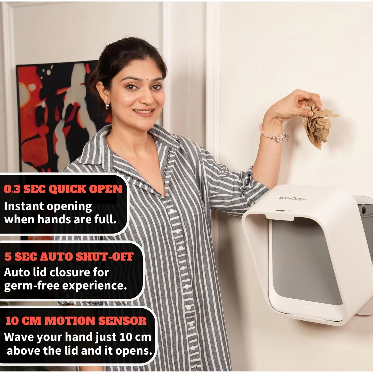 InstaCuppa under sink trash bin with 0.3 second quick open 5 second auto shut-off and 10cm motion sensor for busy moms