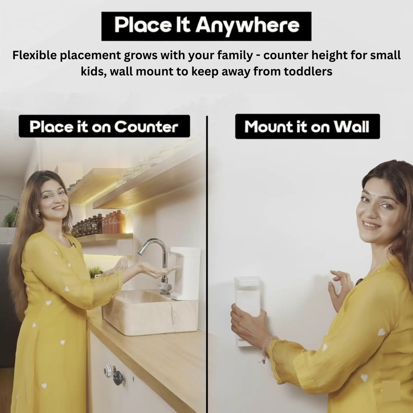 InstaCuppa versatile soap dispenser with wall mount and countertop placement options, flexible installation for safety, kitchen or bathroom