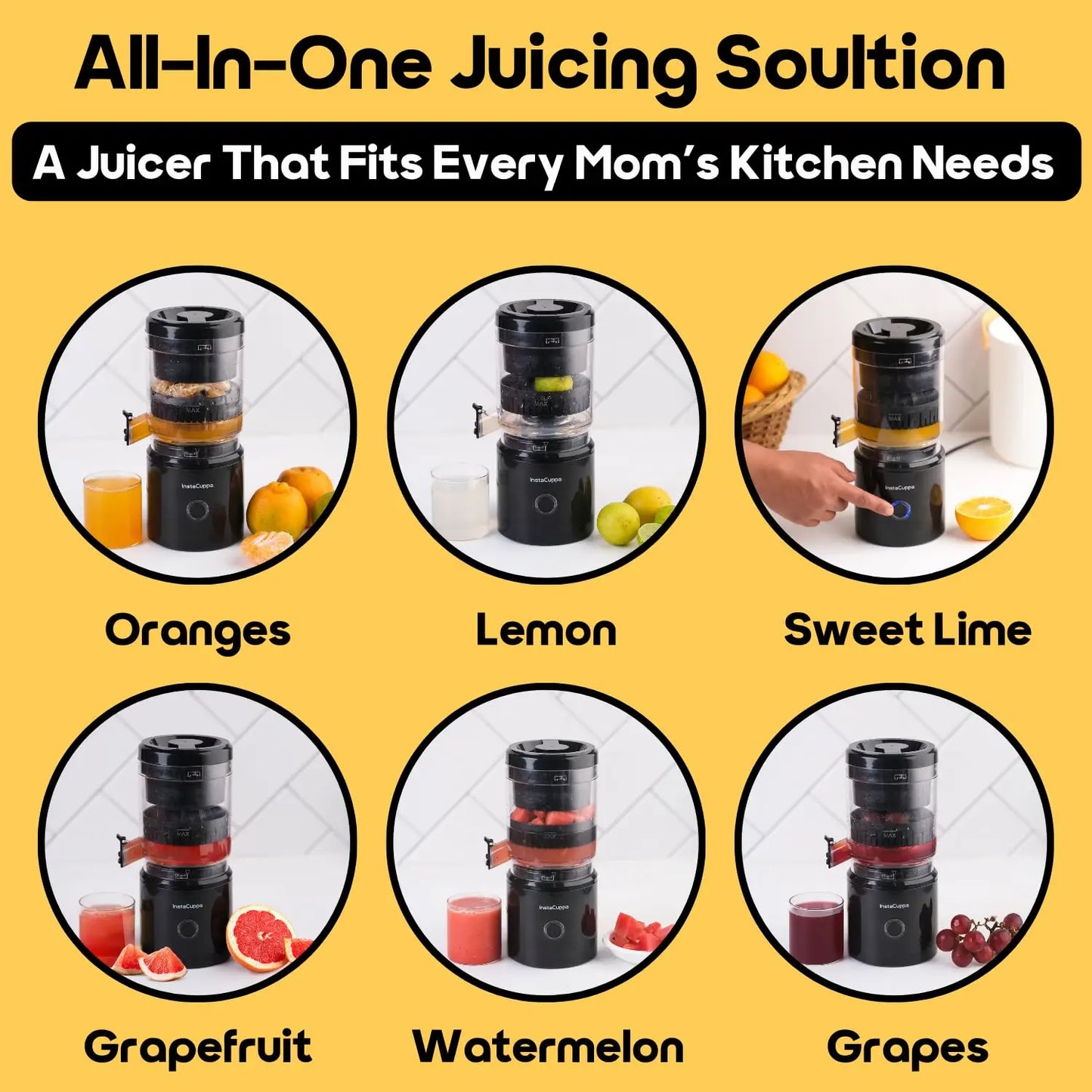 InstaCuppa Electric Citrus Juicer, 90-Watt Motor, Automatic Juicing, Hands-Free One-Button Operation, BPA-Free, 250ml Reservoir, Compact Design for Lemons, Oranges, Sweet Lime