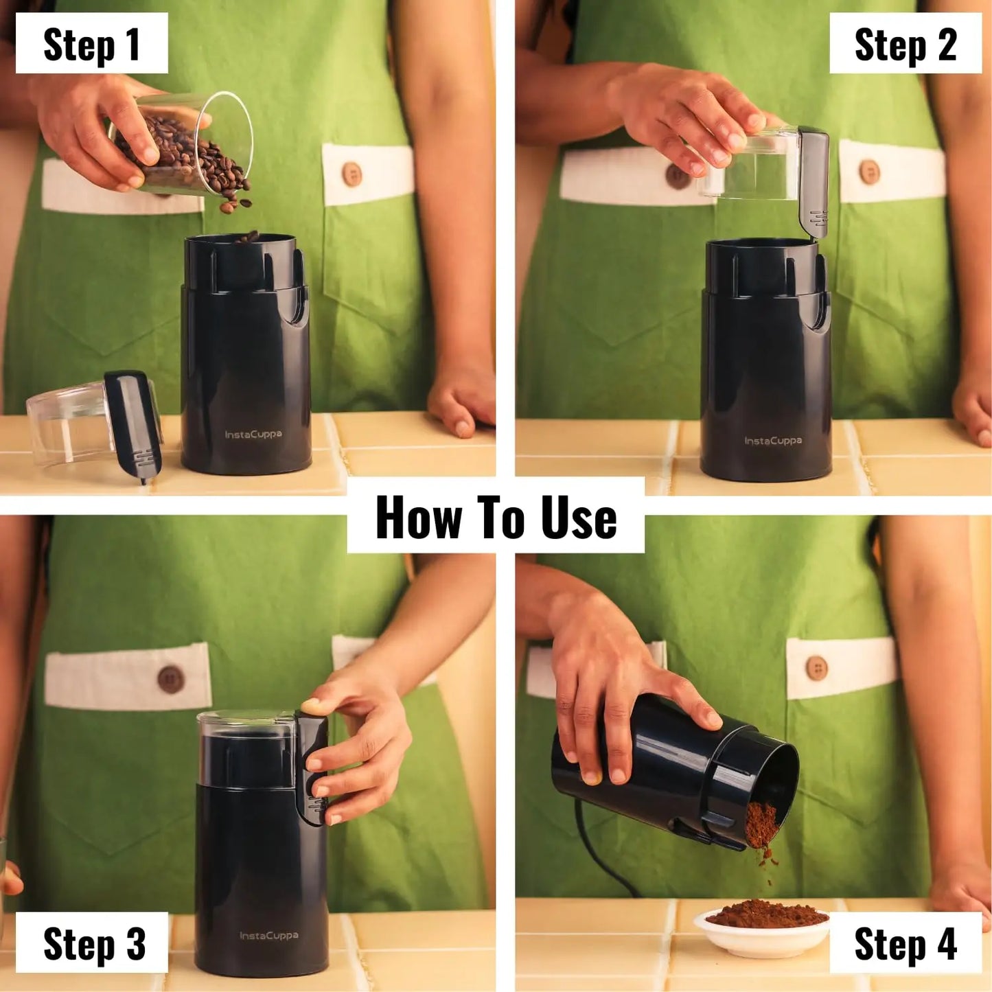 InstaCuppa Electric Coffee Bean Grinder with Stainless Steel Blade and Interior, 60 GMS Capacity,150W Power, Ideal for Grinding Spices and Herbs, Sleek Black Design for Modern Kitchen