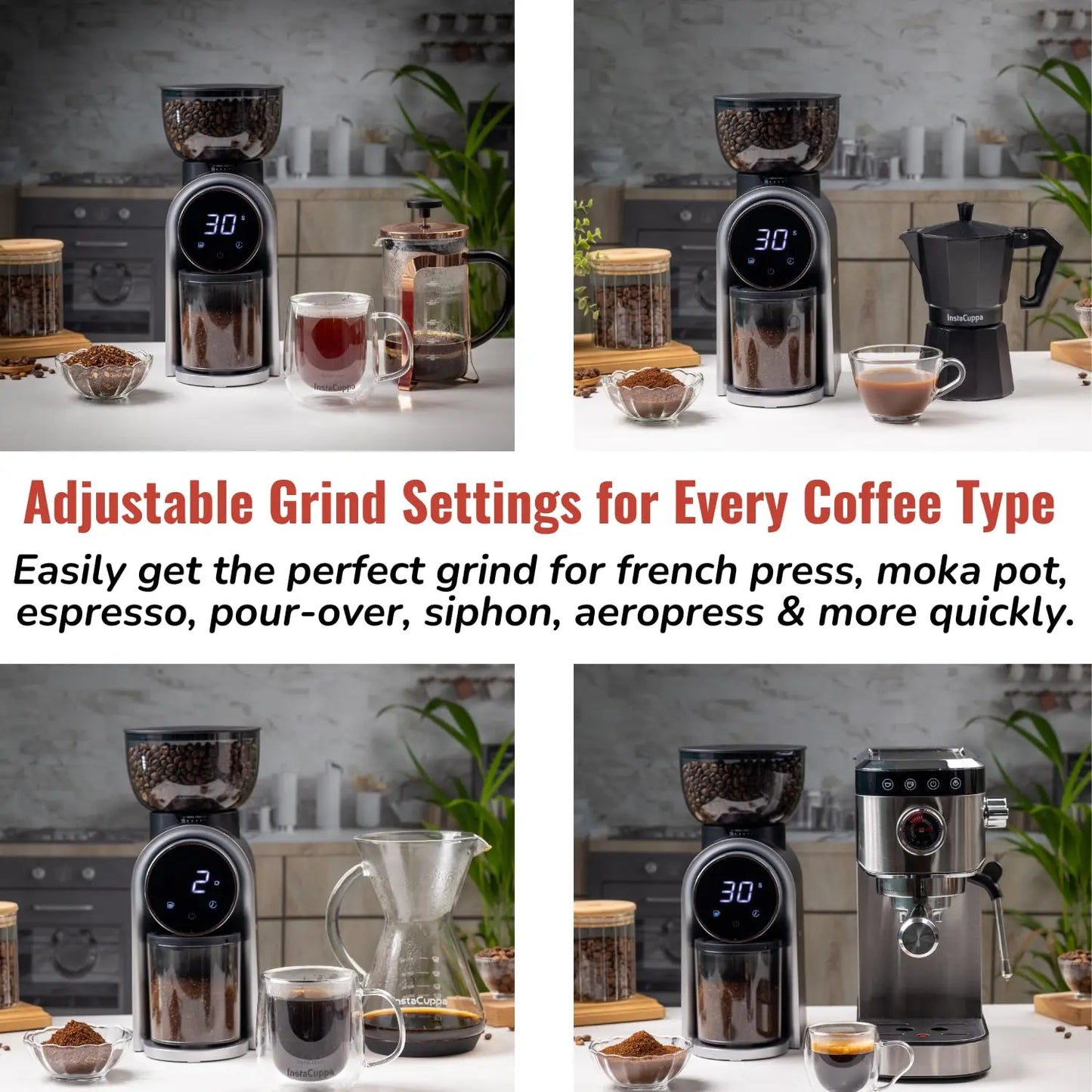 InstaCuppa Automatic Coffee Bean Grinder lifestyle showing perfect grind for French Press, Moka Pot, Pour Over, and home espresso machines