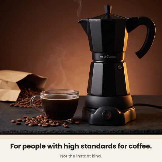 InstaCuppa Electric Moka Pot - Black - for people who take their coffee seriously · 300 ml · 6 espresso cups