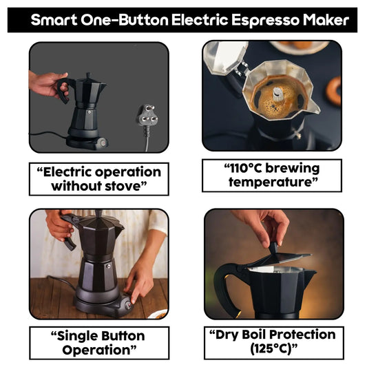 InstaCuppa Electric Moka Pot Coffee Maker, One-button Auto Espresso Machine 300ml, Safe Auto-Shutoff, Perfect for Busy Indian Moms, 6 Cups Capacity