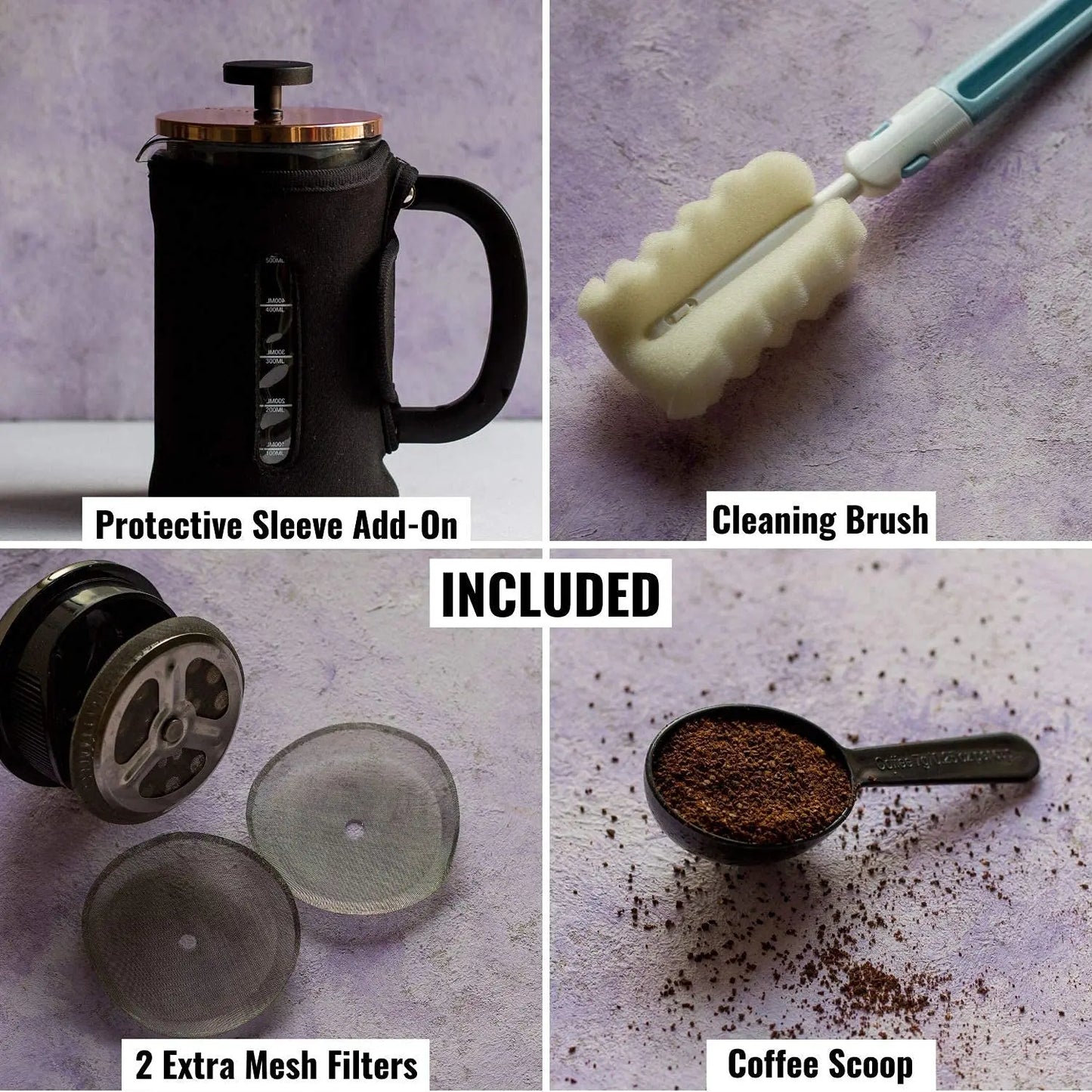 InstaCuppa French Press Coffee Maker with Smooth Plunger Mechanism, 4 Part Filtration, Measurement Markings