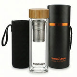 InstaCuppa Glass Tea Infuser Bottle 450 ML for Busy Moms - BPA Free Double Wall Borosilicate with Stainless Steel Strainer, Bamboo Lid, Neoprene Sleeve and Premium Gift Box