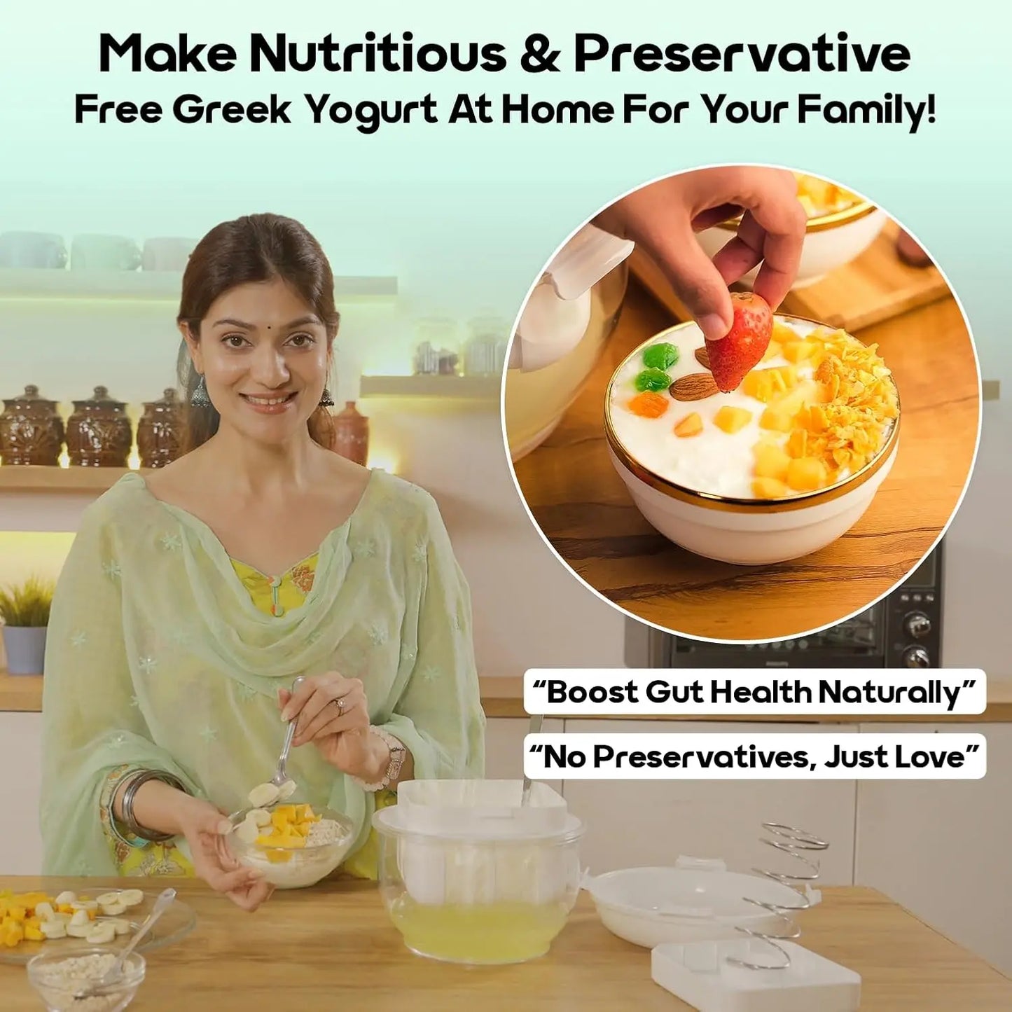 InstaCuppa Greek yogurt maker 2.5 litre - mom making preservative-free yogurt with fresh fruit toppings