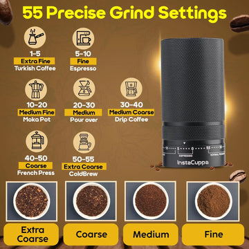 InstaCuppa Manual Coffee Grinder for Espresso with 55 Adjustable Bean Grind Settings. Easy External Adjustments