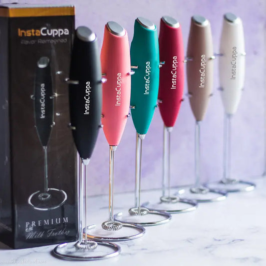 InstaCuppa Milk Frother for Coffee - Handheld Battery Operated Electric Milk and Coffee Frother, Portable Foam Maker with Stainless Steel Stand