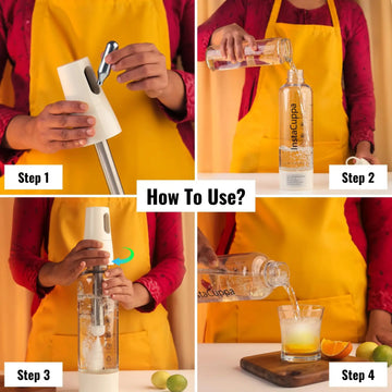 InstaCuppa Portable Soda Maker illustrating the four-step process to fill, insert capsule, twist, and pour for easy home carbonation