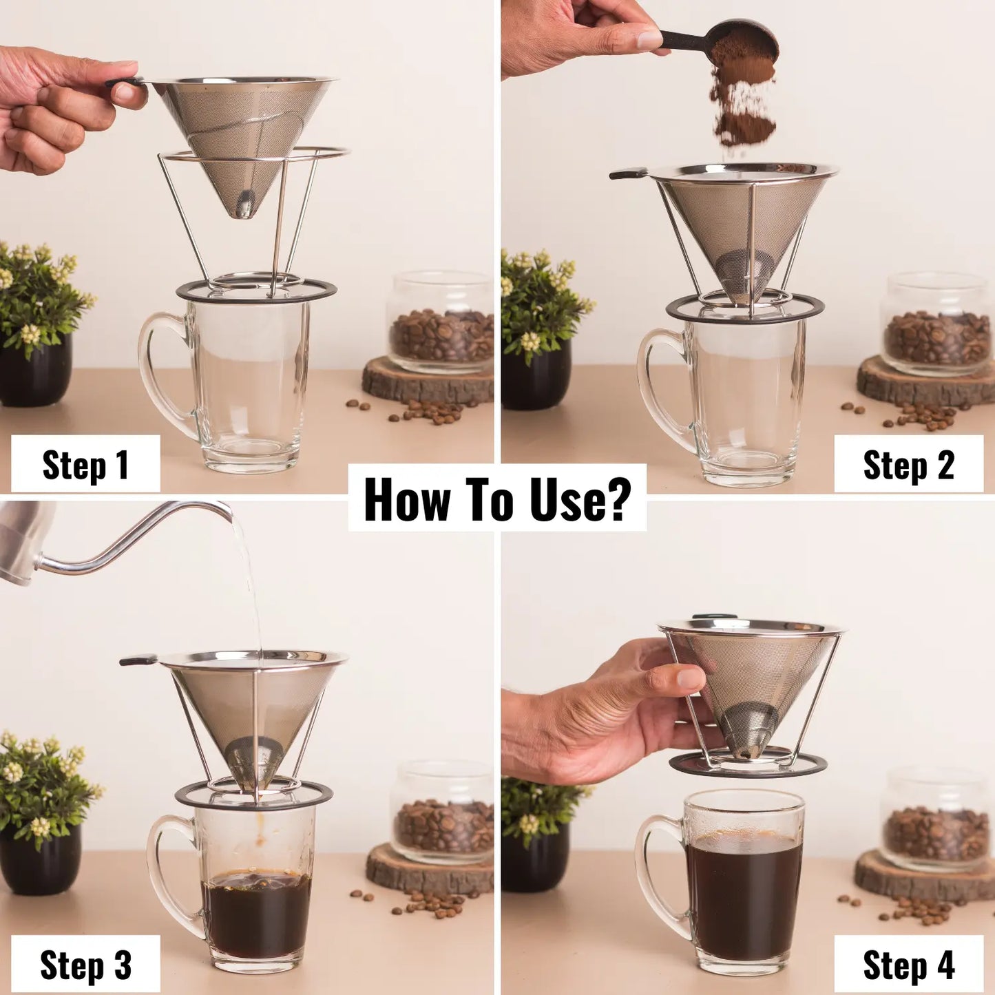 InstaCuppa Pour Over Coffee Dripper Stainless Steel Slow Drip Coffee Filter Metal Cone Paperless Reusable Single Coffee Maker 1-2 Cup Drip Brew Coffee with Double Mesh Liner