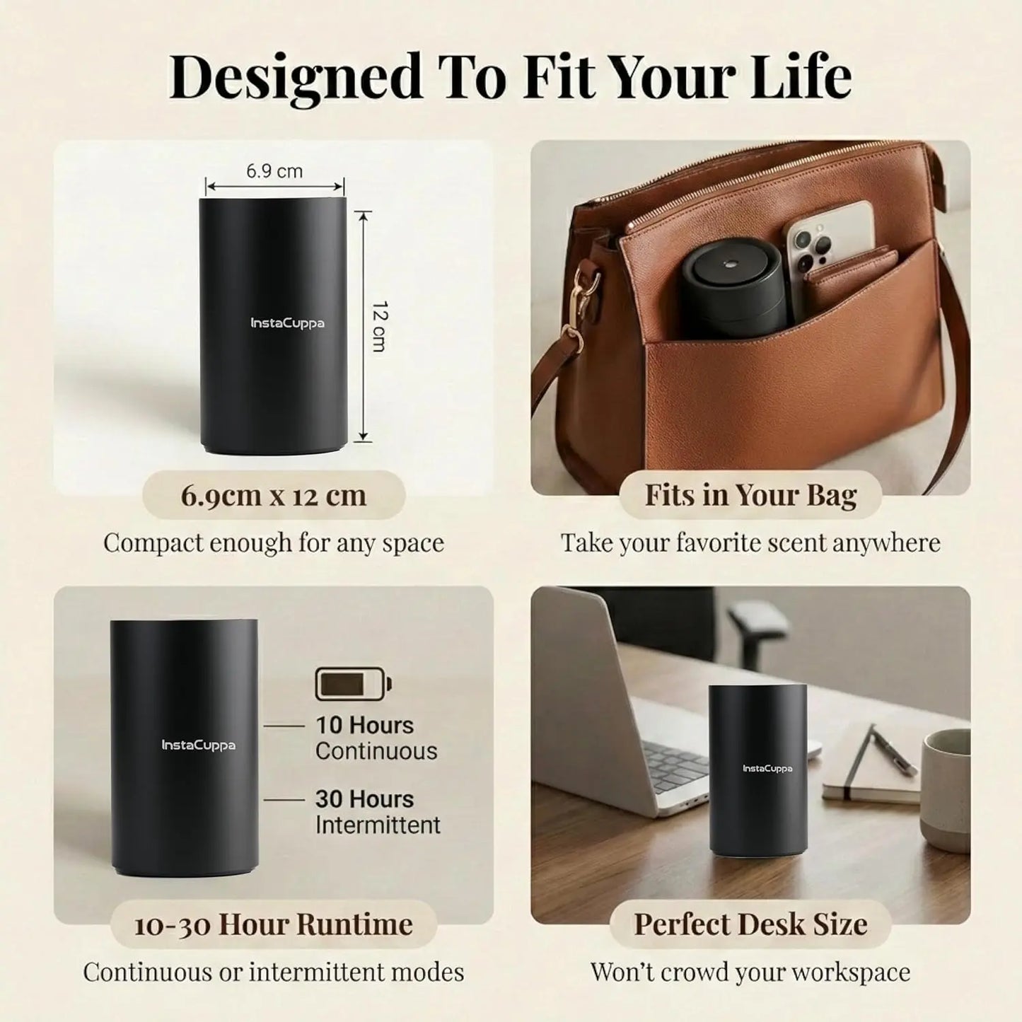 InstaCuppa rechargeable aroma diffuser for bedroom office and travel