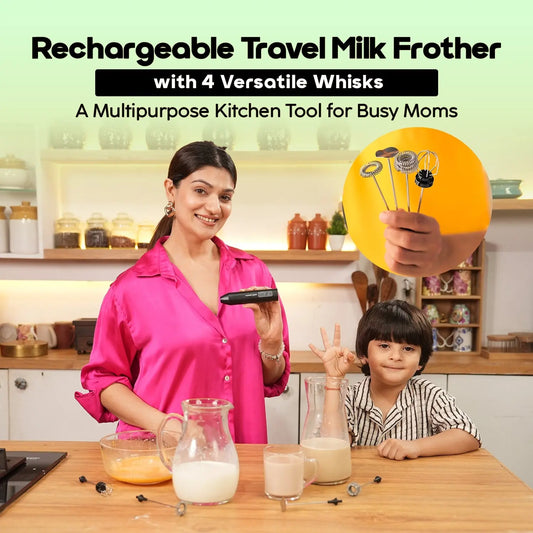 InstaCuppa rechargeable coffee frother frothing milk and pouring latte - cafe froth in 30 seconds