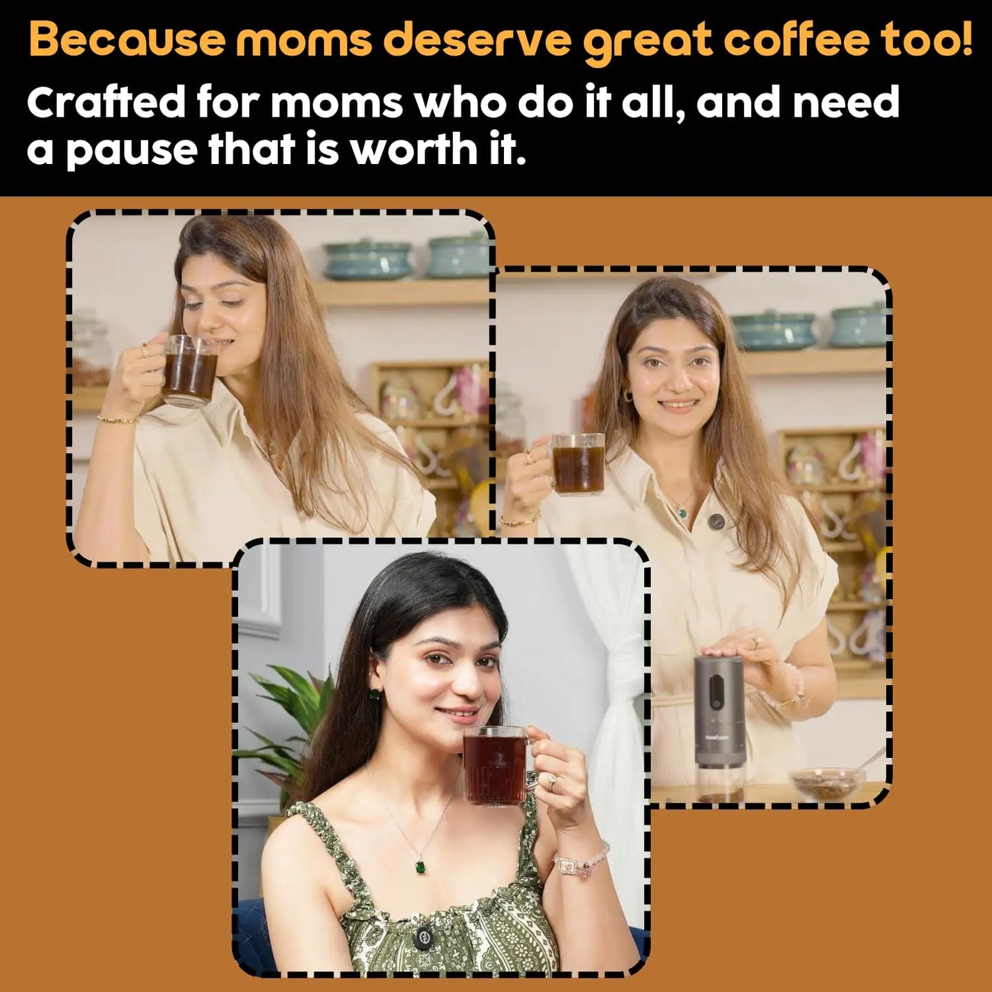 InstaCuppa rechargeable coffee grinder for busy moms, enjoying fresh coffee at home and office