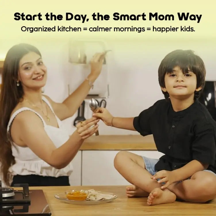 InstaCuppa Wall-Mounted Spoon and Fork Holder | 3-Compartment Adjustable Cutlery Organizer with Dust-Proof Lid, Drain Tray, Hooks & Towel Rod | BPA-Free | Smart Kitchen Organizer for MomsĀ