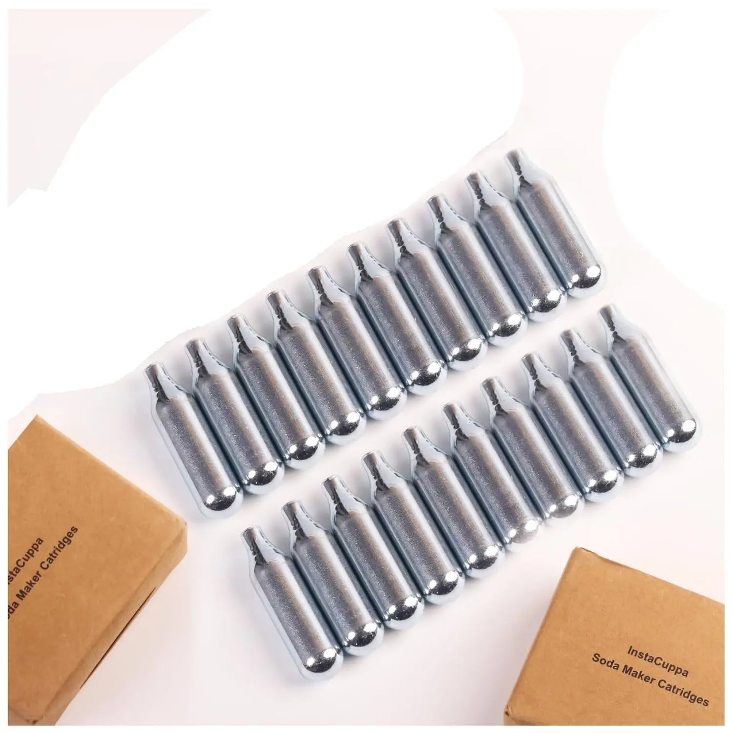 InstaCuppa Portable Soda Maker Capsules 20 pack bulk refill set displayed with storage box ensuring you have enough 8g CO2 chargers for 20 liters of soda