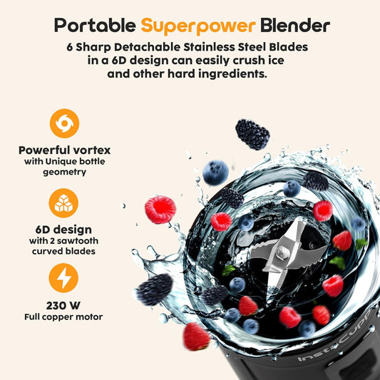 InstaCuppa portable blender version 3 with 6 sawtooth 6D stainless steel blades crushing berries and ice - 230 W copper motor