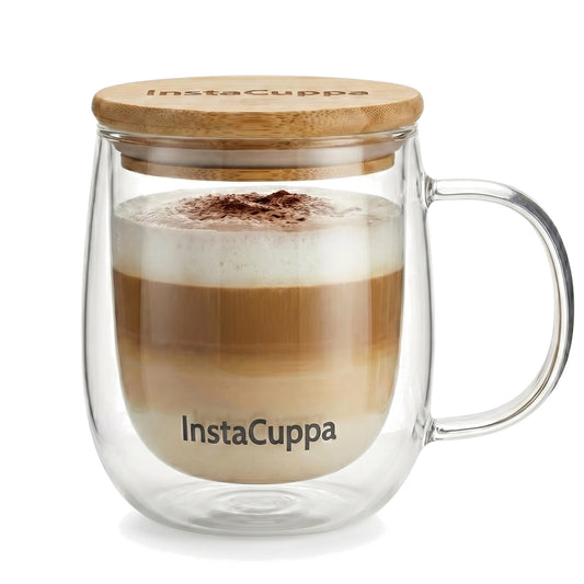 InstaCuppa Double Wall Glass Coffee Mug with Handle - one mug with bamboo lid, layered latte, on white – Pack of 1