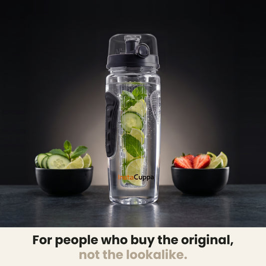 InstaCuppa Fruit Infuser Water Bottle 1 Litre - Black - the original, not the lookalike; cucumber, mint and lime infusion