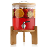 InstaCuppa Glass Water Dispenser 5 Litre with Stand | Glass Beverage Dispenser Jar with Tap | Thick Borosilicate Glass, Inbuilt Thermometer, 304 Steel Tap, Bamboo Stand for Busy Moms