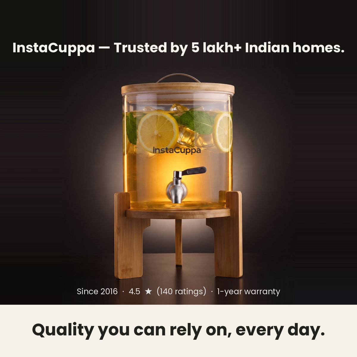 InstaCuppa Glass Water Dispenser 5 Litre — trusted by 5 lakh+ Indian homes since 2016, rated 4.5 stars