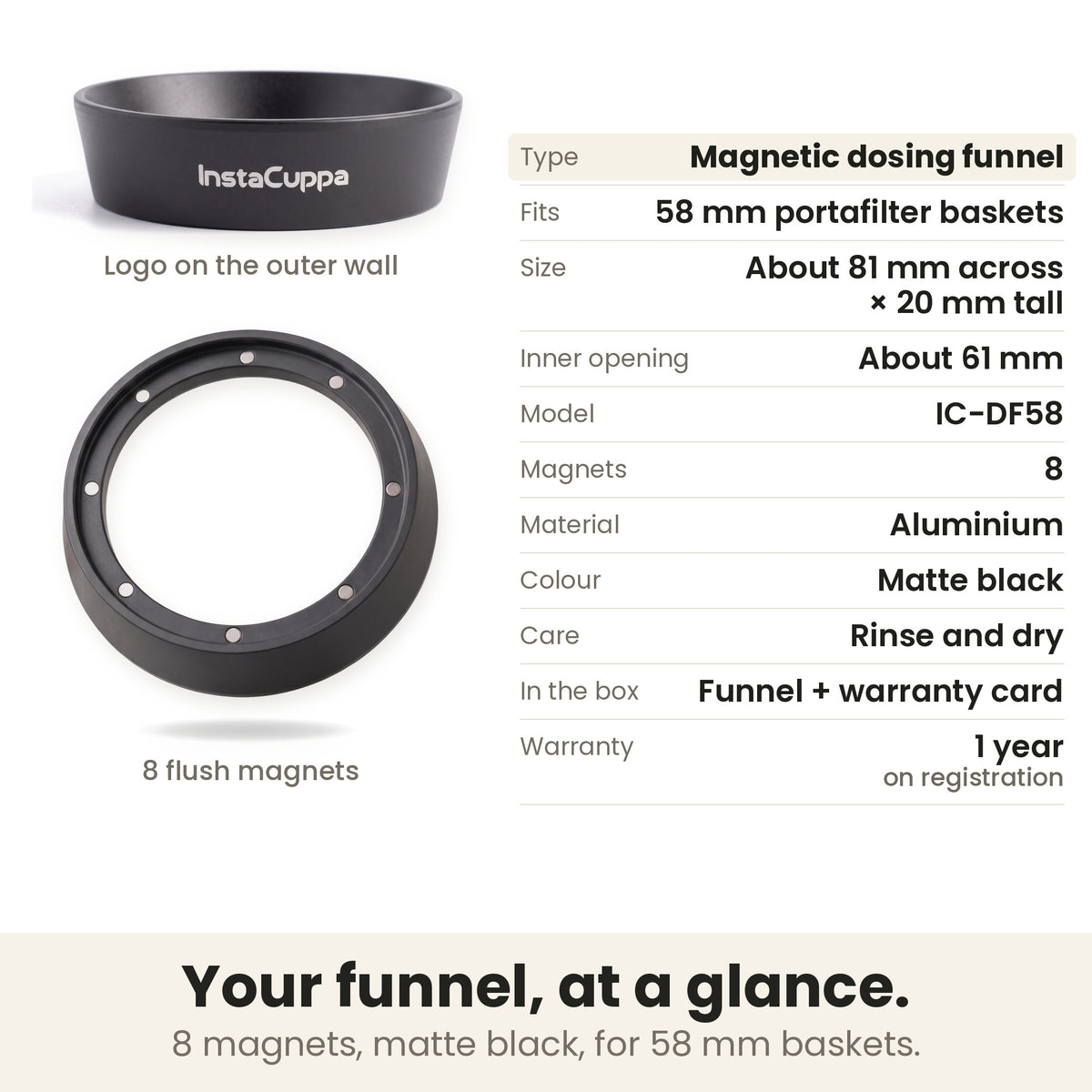 Magnetic dosing funnel - 58 mm - specifications for 58 mm baskets: about 81 mm across and 20 mm tall, inner opening about 61 mm, 8 magnets, aluminium, matte black
