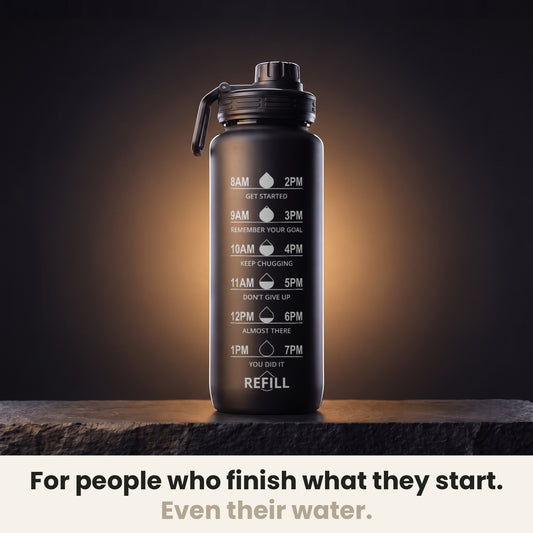 InstaCuppa Motivational Water Bottle 1 Litre - Black - hourly time markings, for people who finish what they start