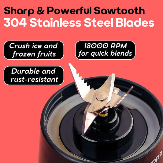 InstaCuppa Portable Blender Classic Edition sawtooth 304 stainless steel blades - 18000 RPM crushes ice and frozen fruit