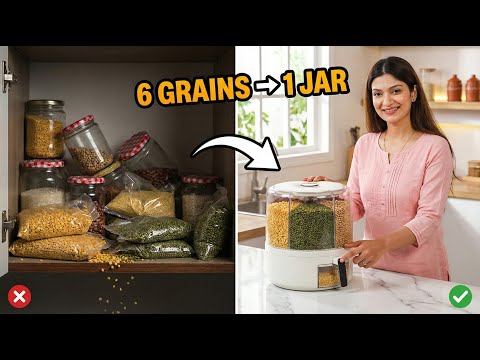 InstaCuppa Rotating Grain Dispenser for Kitchen | 6 Compartment Airtight Storage Container for Rice, Dal & Pulses | BPA-Free Plastic | Single-Button Dispensing | 360° Rotation | 6 Kgs Capacity