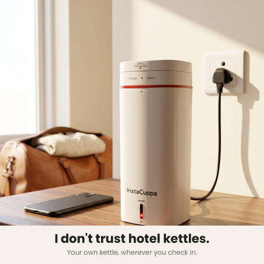InstaCuppa Portable Electric Kettle 500 ml - White - on a hotel desk, plugged in beside a travel bag #color-white