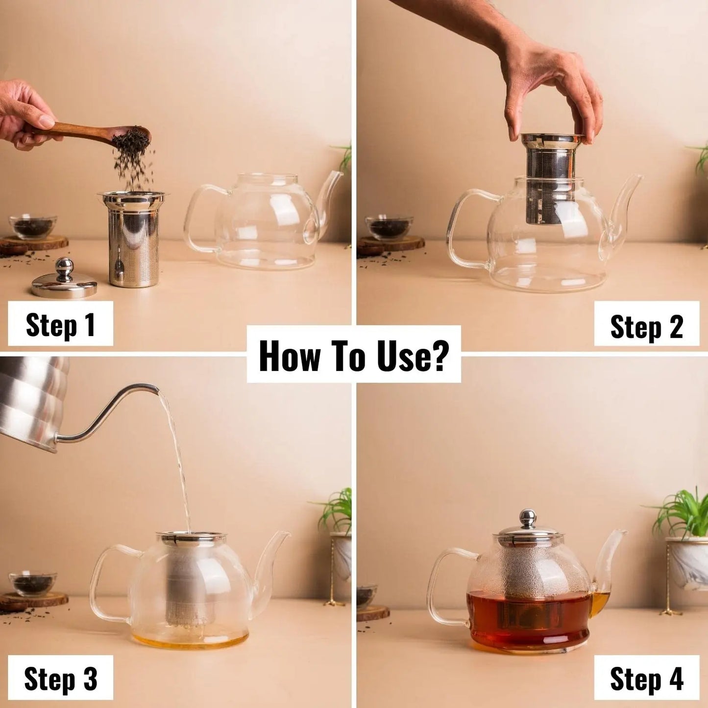 InstaCuppa Borosilicate Glass Teapot with Removable Stainless Steel Infuser, Perfect for Infusing Blooming Teas, Loose Leaf Teas, 1200 ML