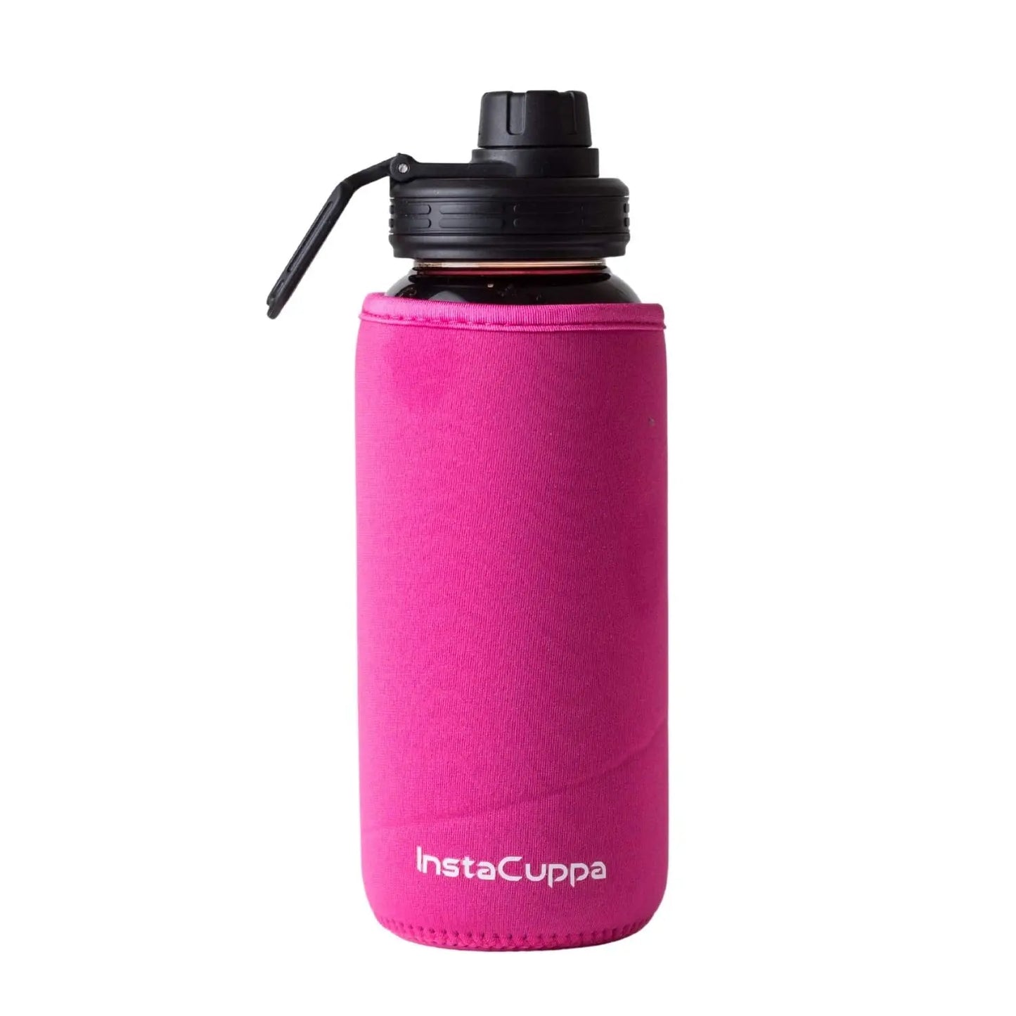 InstaCuppa Borosilicate Glass Water Bottle with Sports Sipper Lid, Innovative Time Markings, Neoprene Sleeve for Protection Pink / 650 ML
