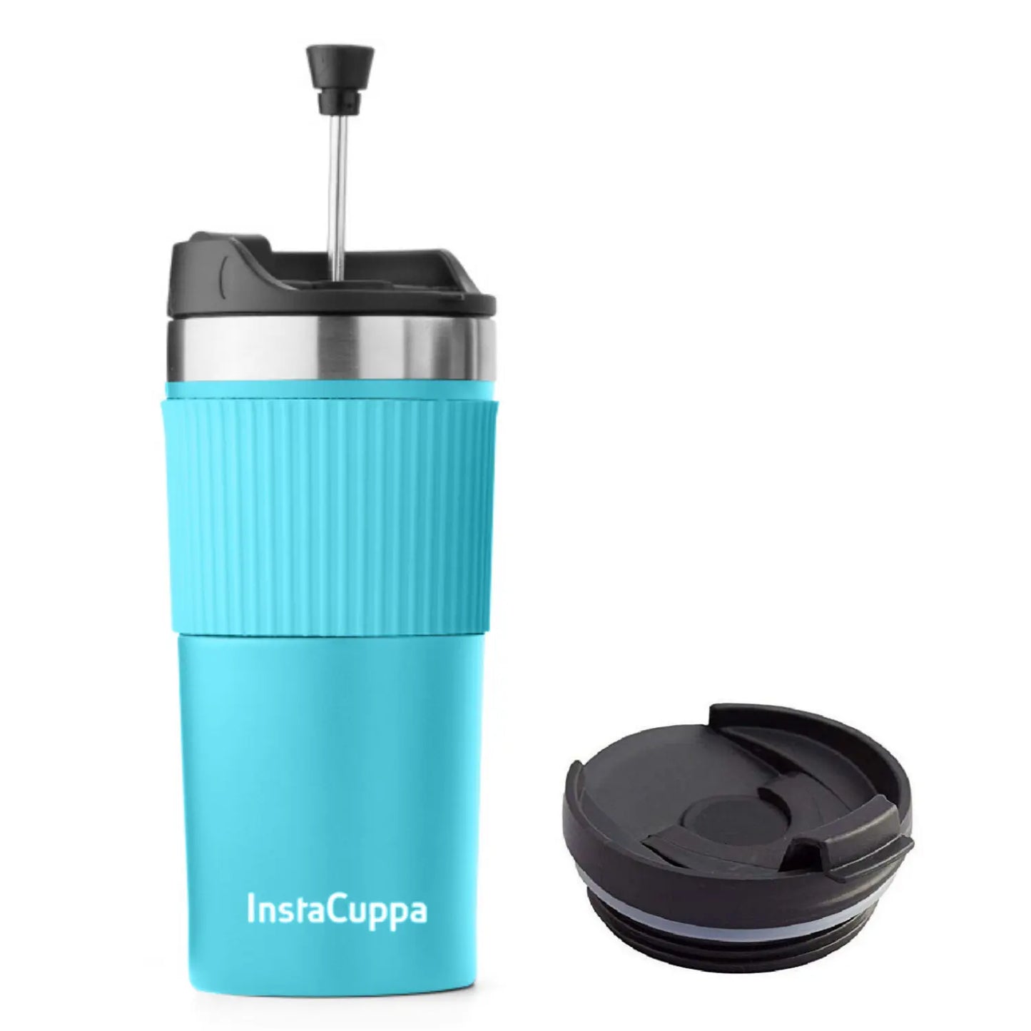 InstaCuppa French Press Travel Mug, Stainless Steel Double Walled Vacuum Insulated Thermos for Hot or Cold Coffee, Tea, Spill Proof, Anti-Slip Grip, Tumbler with Flip-Top Sipper Lid, 400 ML 400 ML + 2 Lids / Green