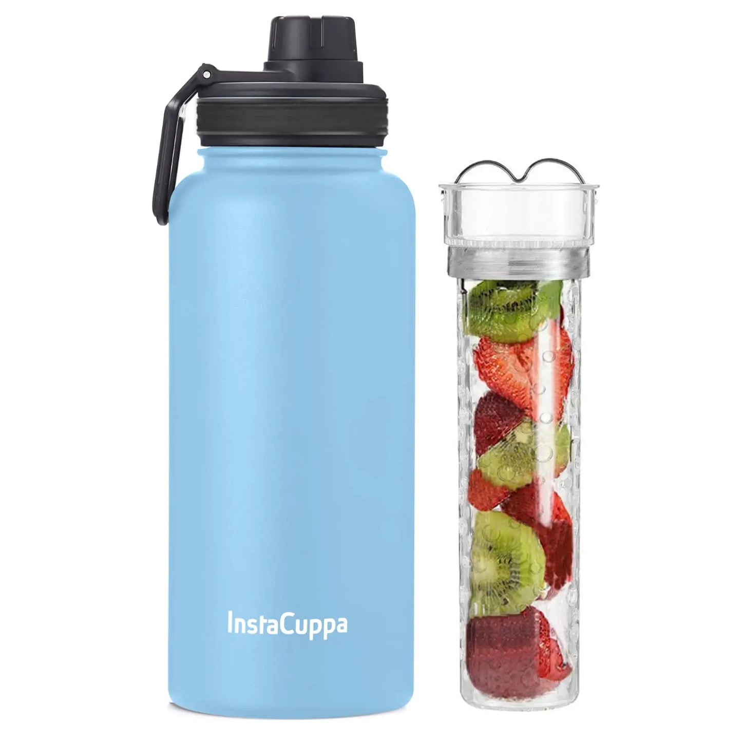 InstaCuppa Thermos Steel Fruit Infuser Water Bottle, Double Walled Vacuum Insulation, Full Length Tritan Infusion Unit, 2 Lids 1000 ML / Sky Blue
