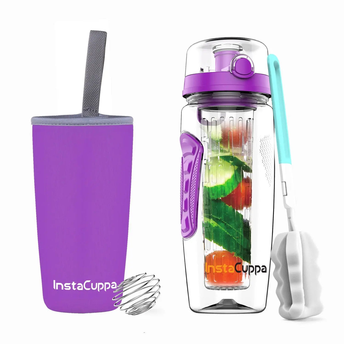 InstaCuppa Fruit Infuser Water Bottle 1 Litre - Purple - pack shot with neoprene sleeve, mixer ball and cleaning brush