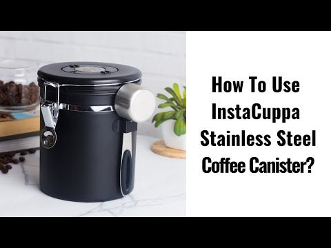 InstaCuppa Stainless Steel Coffee Canister, Airtight Container with Date Tracker Jar, CO2 Release Valve and Coffee Scoop, 500 Grams, Black