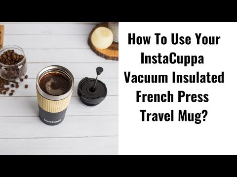 InstaCuppa French Press Travel Mug, Stainless Steel Double Walled Vacuum Insulated Thermos for Hot or Cold Coffee, Tea, Spill Proof, Anti-Slip Grip, Tumbler with Flip-Top Sipper Lid, 400 ML