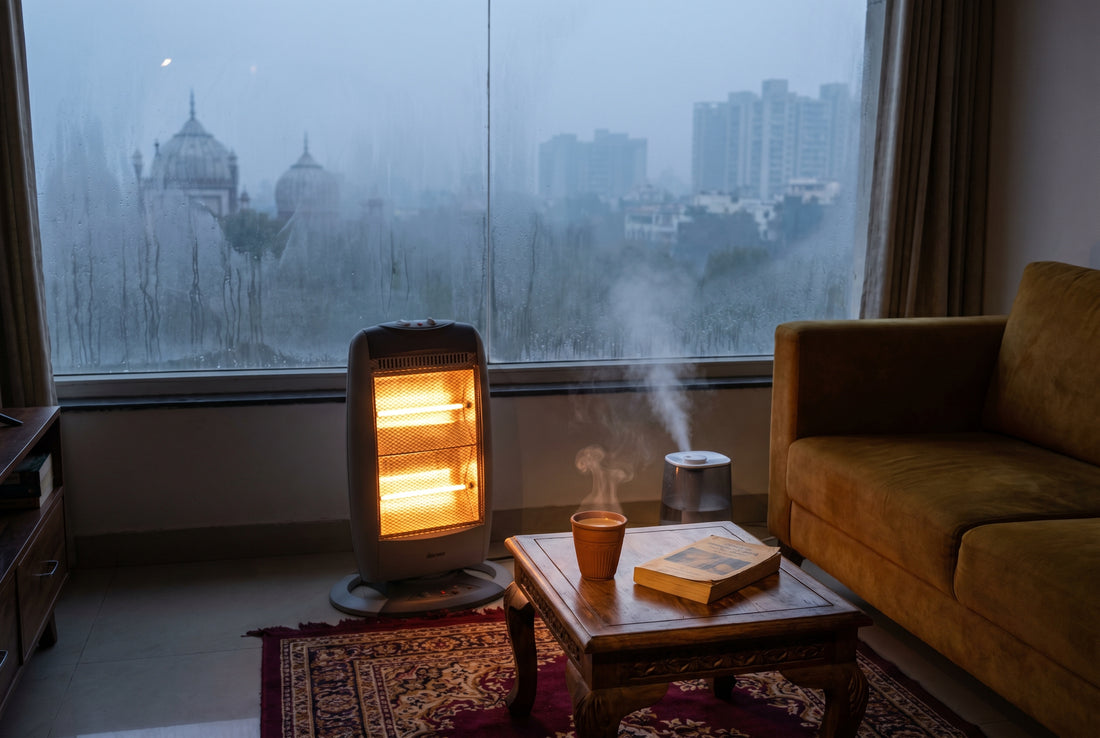 Delhi winter scene with foggy window and humidifier indoors