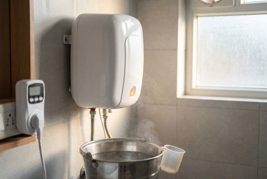 Geyser power consumption: a white storage geyser on a tiled Indian bathroom wall with a plug-in timer socket and a steaming bucket of warm water - InstaCuppa