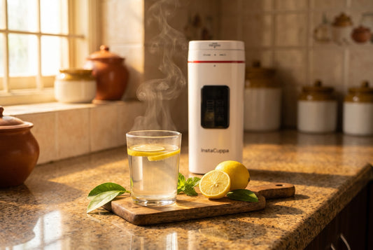 Glass of warm lemon water with steam and fresh lemons on an Indian kitchen counter, InstaCuppa electric kettle in the background