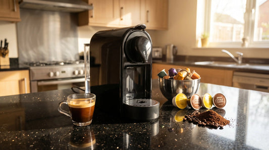 3-in-1 espresso machine with Nespresso pods, Dolce Gusto capsules, and ground coffee on Indian kitchen counter