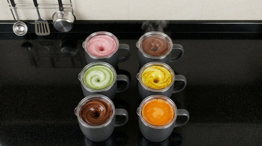 Grid of 6 drinks being mixed in self-stirring mugs - protein shake, hot chocolate, matcha, turmeric milk, Bournvita, soup