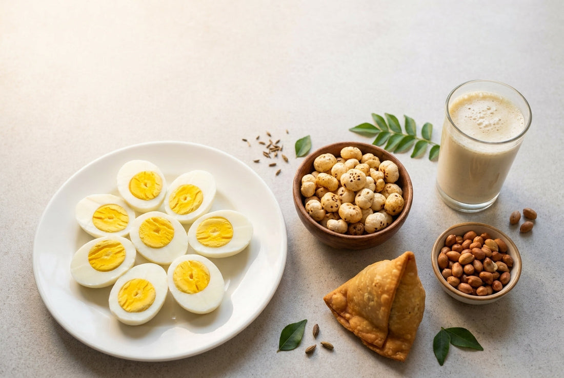 Boiled eggs with makhana, samosa, peanuts and a sattu drink — calories in common Indian snacks