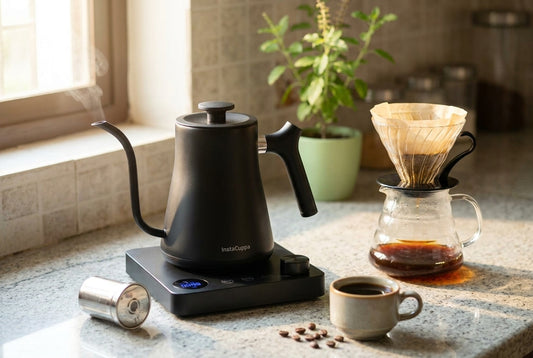 Best gooseneck kettle for India: InstaCuppa matte black electric gooseneck kettle on its temperature control base beside a glass pour-over dripper, a cup of black coffee and a steel tea infuser on a kitchen counter