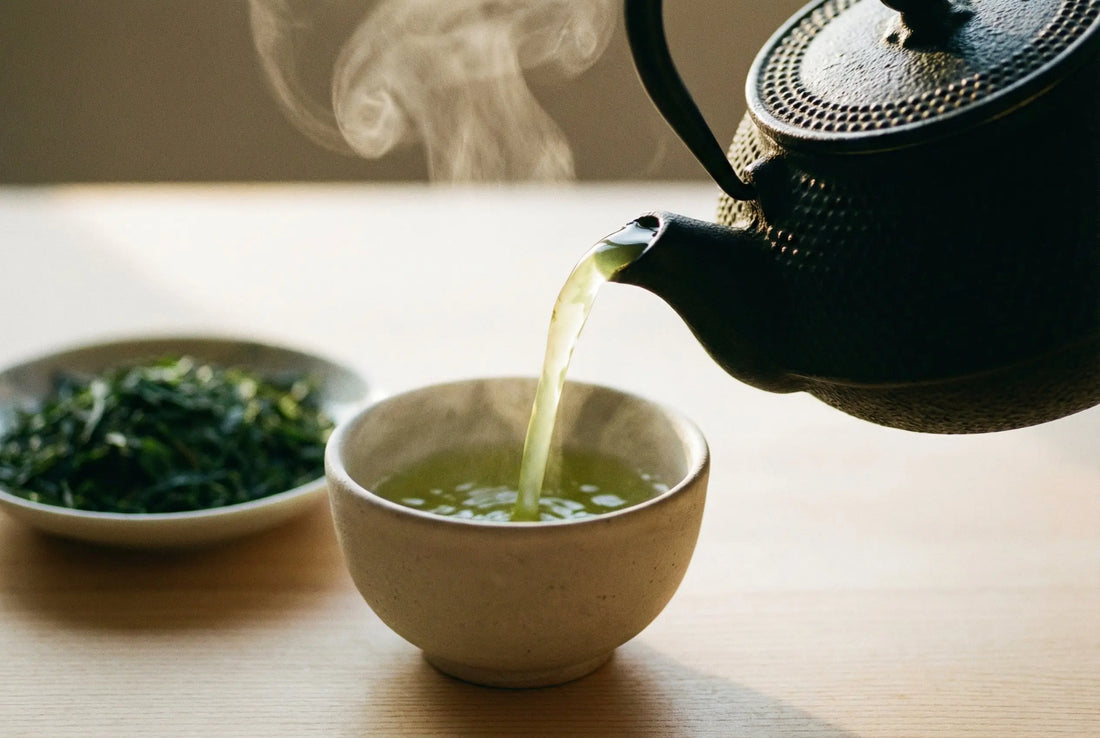 Green tea being poured from kettle into ceramic cup