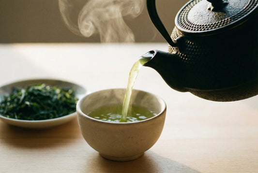 Green tea being poured from kettle into ceramic cup